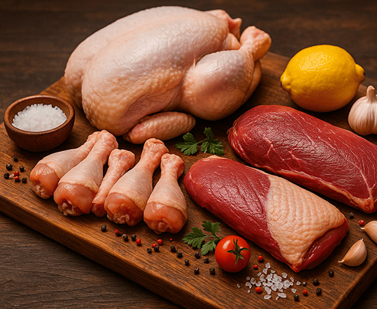 Eine Platte voller Geflügelspezialitäten.