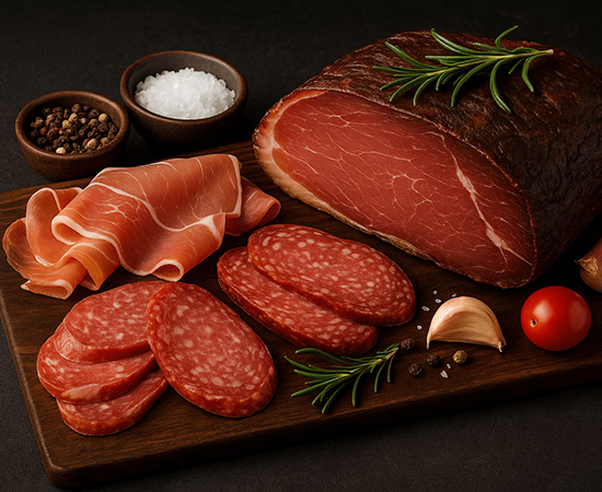 Eine Platte mit verschiedenen Schinkenspezialitäten.